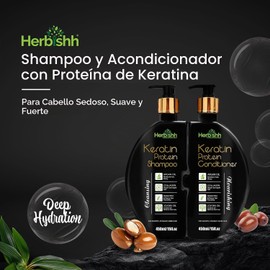 Shampoo y Acondicionador de Keratina Herbishh – Hidratante y Nutritivo para Cabello Seco y Dañado Sin Sulfatos Fórmula Vegetal con Aceite de Argán, Colágeno y Jojoba Set 2 Piezas (450 ml c/u)