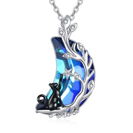 POPLYKE Blue Crystal Moon Cat Necklace for Women 925 Sterling silver Cat Jewellery for Girls Cat Gift for Cat Lover Birthday