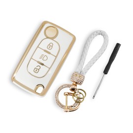 TPU Car Key Cover For Citroen C2 C3 C4 C5 C6 Xsara Picasso 3 Buttons Car Key Fob (White) with Screwdriver and Diamond lanyard