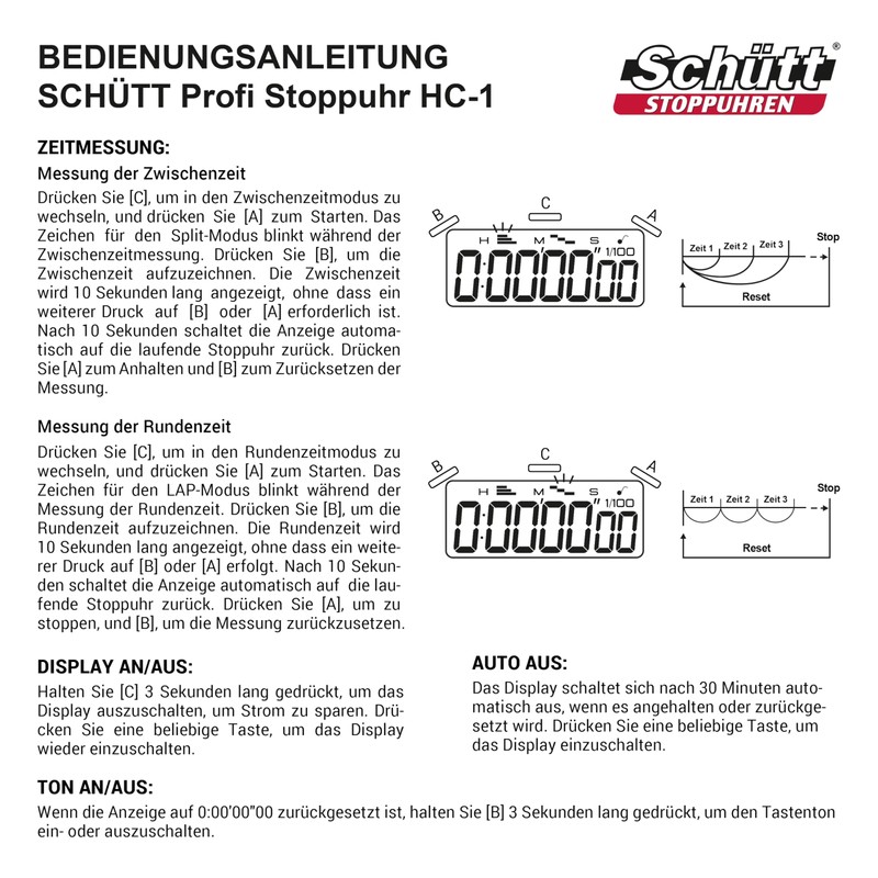 Schütt Stopwatch PC-1, Large Single-Line Display, Pressure Point Mechanism, Dust