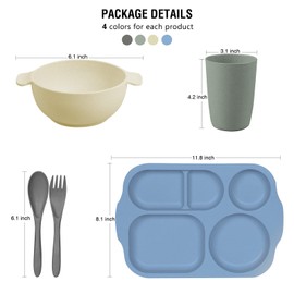 shopwithgreen Wheat Straw Dinnerware Cutlery Set, 20 PCS Kids Toddlers Divided Plates and Bowls Sets, Microwave Unbreakable Tableware Spoon Knife Cup, Dishwasher Safe for Kitchen Picnic School