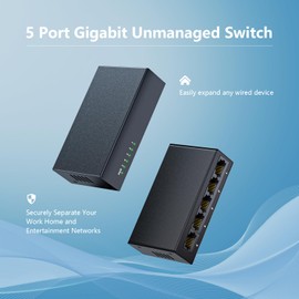 bliyee - Interruptor Ethernet Gigabit no administrado de 5 puertos, concentrador de red doméstica, divisor Ethernet, Plug and Play, funcionamiento silencioso, carcasa de metal negro, optimización del