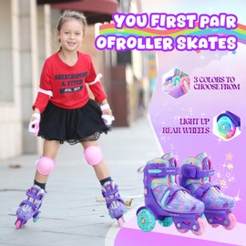 METROLLER Adjustable Kids Balance Roller Skates for Toddler Ages 3-6 Rainbow Unicorn Illuminating Rollerskates for Girls Ages 5-8 Three-Point Type Suitable for Beginners Children