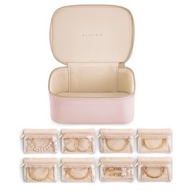 Vlando Travel Jewellery Case,Jewellery Organiser with 8 Jewellery Pouch,PU Leather Jewellery Box for Necklace,Ring,Bracelet,Watch, Gifts for Women, Pink-M