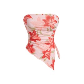 WDIRARA Women's Floral Mesh Strapless Side Ruched Tube Top Asymmetrical Hem Bandeau Crop Tops Red Small