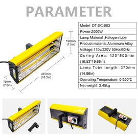 DATOU BOSS Infrared Paint Curing Lamp 2000W with Timer for Body Repair Paint Curing Systems, Automotive Body Repair Tools, Infrared Paint Dryer with Bracket 110V