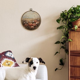 TLESKE Vintage Fall Pumpkins Wildflowers Round Wall Art Decor Framed 10x10, Rustic Farmhouse Floral Canvas Wall Art Prints Artwork, Autumn Flower Wall Hanging Room Door Decor for Bedroom Living Room