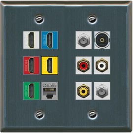 RiteAV 5 x HDMI (Red-Blue-White-Yellow-Green) Cat5e 2 Coax Toslink 3xRCA Composite Wall Plate - Flat 2 Gang [Stainless Steel]