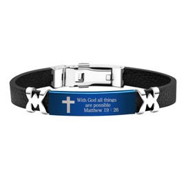 Tobestu Black PU Leather Inspirational Bible Verse Cross Bracelet | Blue Stainless Steel Plate Engraved With God All Things Are Possible (Matthew 19:26) SA5126