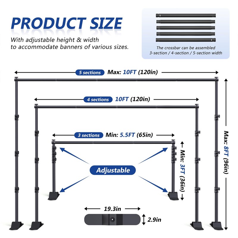 Backdrop Banner Stand 10x8ft，Adjustable Heavy Duty Photo Backdrop Stand，Step and