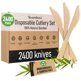 ibambo 100% Bamboo Knives Set - Biodegradable Cutlery Sets (2400 Eco Friendly Knives) | Bamboo Silverware Disposable or Reusable | Compostable FSC Certified Flatware for Weddings, Camping & Parties