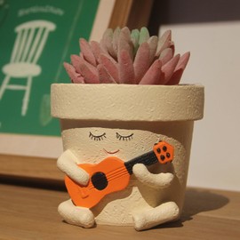 adbwin Smiley Face Planter Pot Head Guitar Planters with Drainage, 4 inch Cute Resin Succulent Plant Pots, Unique Cactus Smiley Face Flower Pots, Perfect GIFS Idea for Plant Lovers