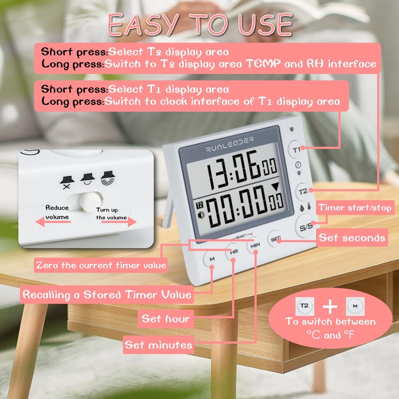 Jayron KT002A 2-Channel Kitchen Timer Magnetic Countdown Timer Clock Temperature