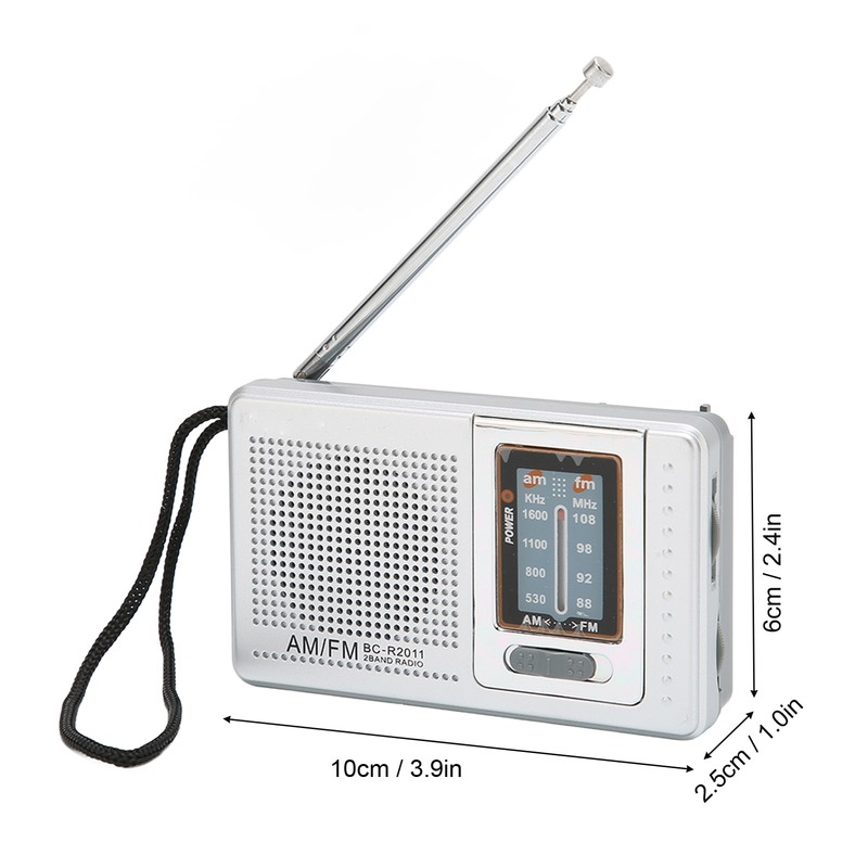 Portable Pocket Radio AM/FM Classic Elegant Design Silver Grey Battery