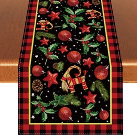 Linen Yule Table Runner Pagan Christmas Tablecloth Scandinavian Straw Goat Julbock Mistletoe Yule Christmas Decorations and Supplies for Home Table-13×72''