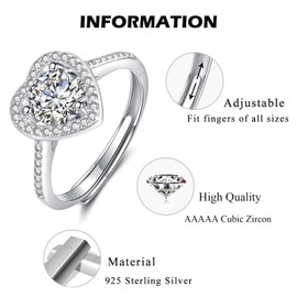 Deyanse Silver Women's Rings, 925 Sterling Silver Engagement Ring for Women Love Bride, Adjustable Open Round Heart Wedding Ring with White Cubic Zirconia, Wedding Rings Women's Ring Jewellery with