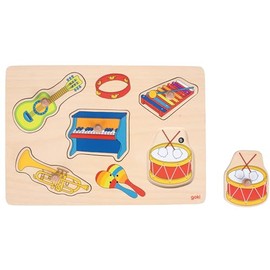 goki 57520 - Soundpuzzle Instrumente fördert das Lernen und Fühlen spielerisch, Holzpuzzle für Kinder, 6 verschieden Musikinstrumenten -7er Set, ab 1 Jahr