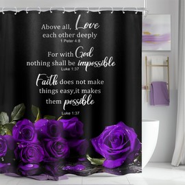 Cinbloo Purple Shower Curtain 60Wx72H Rose Floral Christian Bathroom Decor for Women Vintage Flower Bible Verse Scripture Elegant Inspirational Positive Quotes Bathroom Curtain Set with 12 Hook