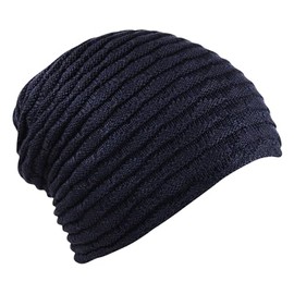 Itzu Unisex Slouch Beanie Waffle Knit Winter Hat Warm Soft Thick Faux Fur Fleece Lining Mens Womens in Navy Blue (Ribbed)