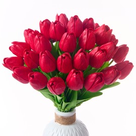Drewev 30 Pcs Red Artificial Tulips Tulips Artificial Flowers Faux Tulips Fake Tulip Flowers Real Touch 13" Silk Flower for Bulk Home Wedding Party Valentine's Mother's Decorations(Red)