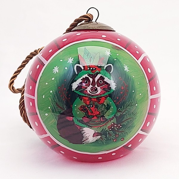 Raccoon Red-Inside Hand Painted Glass Ornament, Holiday Décor with Premium