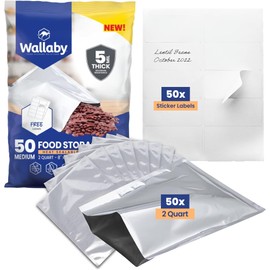 Wallaby 50 Count 2-Quart Mylar Bags with Labels, 10 Mil Total Thicker Long-Term Food Storage Pouches, 8x12 Heat-Sealable Airtight Packaging - Silver