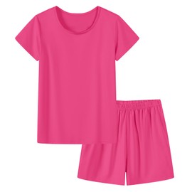 Umeyda Girls Pajamas 2 Piece Pjs Set Sleepwear Cozy Pajamas Short Sleeve Pajama Sets, Hot Pink, 11-12 Years