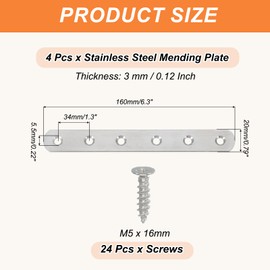 PATIKIL Flat Mending Plate 6.3"x0.8", 4 Pcs Stainless Steel Straight Flat Bracket for Shelves Corner Braces Brackets Metal Fixing Joining Plates for Wood Furniture Cabinet Frame Repair