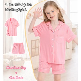 DIKFA Toddler Girls Boys Pj Cute Short-Sleeve Top Shorts Pants Button-Down 3pcs Pajamas Set Nightwear Lounge Coral Pink 120CM