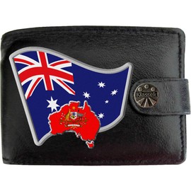 Klassek Australia Flag Australian Map and Coat of Arms COA Mens Wallet Real Black Leather RFID Blocking with Coin Pocket and Metal Gift Box