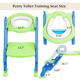 KATARUS Potty Training Toilet Seat with Step Stool Ladder for kids and baby Adjustable Toddler Toilet Training Seat with Soft Not-Cold Padded Seat Safe Handles and Non-Slip Wide Steps, Blue-Green