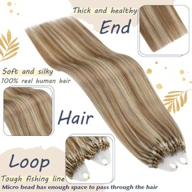 Ugeat 24 Inch Microlink Human Hair Extensions Golden Brown Mix Bleach Blonde Remy Micro Loop Hair Extensions Real Human Hair Long Straight Micro Ring Hair Extensions 50s