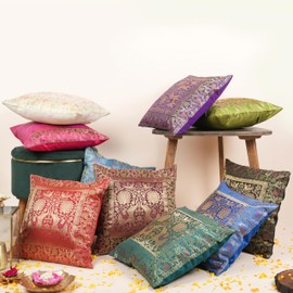 RAJRANG BRINGING RAJASTHAN TO YOU Ethnische Kissenbezüge Set von 10 böhmischen Seidenakzent -Pfau -Sofa -Kissen Kantha Home Decor 16x16 Zoll