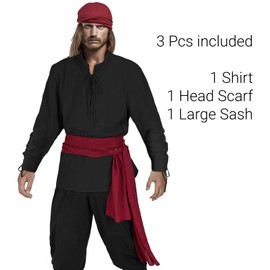 HSDOU Mens Pirate 3 Pcs Costume Set Renaissance Pirate Shirt Medieval Costume Viking (Z3760BK, XL)