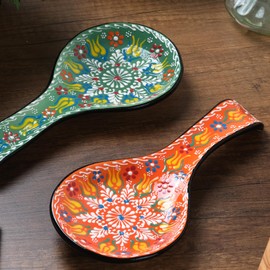 BCS Spoon Rest 2 PCS - Ceramic Spoon Holder for Stovetop & Kitchen Counter - Dishwasher Safe Handmade Kitchen Utensil (Green-Orange 4.5” W x 9"" L), SPNRST6
