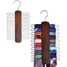 Umo Lorenzo 2 Pack Premium Wooden Necktie and Belt Hanger, Walnut Wood Center Organizer and Storage Rack with a Non-Slip Finish - 20 Hooks