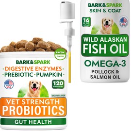 BARK&SPARK Omega 3 Fish Oil + Vet Strength Dog Probiotics for Digestive Health - Skin&Coat Support - Digestive Enzymes & Gas, Diarrhea, Constipation Relief Supplement - Made in USA