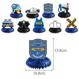 9 Pcs Police Car Uniform Badge Honeycomb Centerpiece for Teens Boys Birthday Man in Blue Party Police Officer Birthday Graduation Grad Detective Party Supplies Dessert Table Decoration