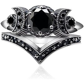 Wicca Pagan Triple Moon Godness Band Ring Set Purple Crystal Cresent for Women Wedding Engagement Promise Jewelry-Black 9