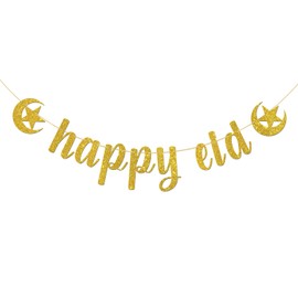 Happy Eid Banner, 2025 Ramadan Party Decorations,Eid Festival Muslim Islam Party Decorations, Gold Glitter