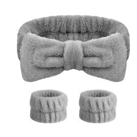 Grey Wrist Bands for Face Washing Headbands and Wristbands Pink Bowknot Spa Headband for Skincare Wrist Towels for Washing Face Head Bands for Make Up Wrist Band for Skin Care Bow Headband and Cuffs
