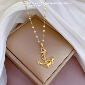 LEXINHS Gold Ship Anchor Pendant Necklace with Cubic Zirconia Accents, 18 inches Chain Jewelry, 18in, Brass, Rhinestone