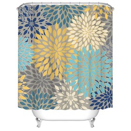 RyounoArt Dahlia Pinnata Flower Shower Curtain Gray Yellow Teal Blue Bathroom Curtain Polyester Fabric 72×72 Inch with 12 Hooks