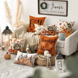 Artoid Mode Large Cat Maple Leaves Autumn Cushion Covers Set of 4 45 x 45 cm Fall Autumn Decorative Cushion Cover Couch