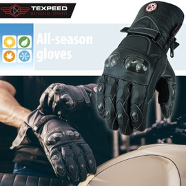 Texpeed Mens Winter Motorcycle Leather Gloves - Waterproof Motorbike Riding Moped Warm Long Gloves With Biker Protective CE Knuckle Armour S
