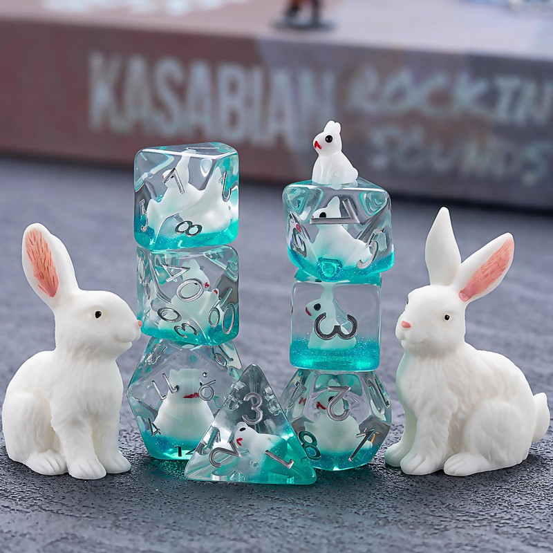Resin Rabbit DND Dice Set, Polyhedral D&D Dice Animal Inclusion