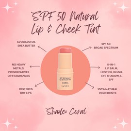 Avocado Zinc SPF 50 Natural Lip & Cheek Tint - Coral 9g