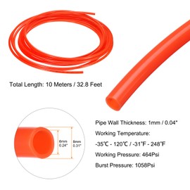 sourcing map Pneumatic Air Line Tubing 8mm OD x 6mm ID 10 Meters(32.8 FT) Air Compressor Nylon Tubes Polyamide Air Tubing Hose Tube for Air Compressor Water Fluid Transfer, Red
