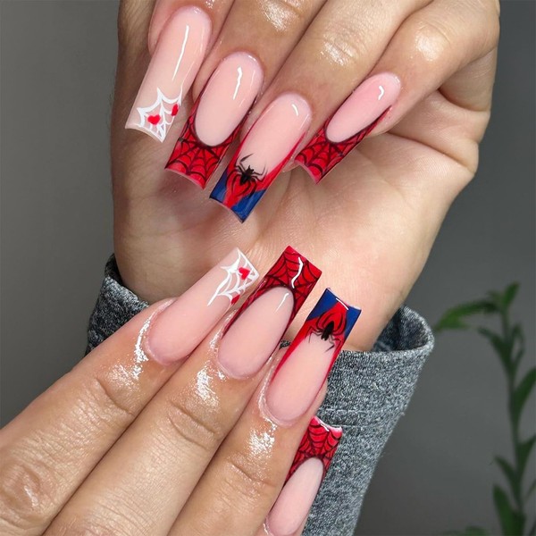 NICENEEDED 24PCS Halloween Press on Nails, Square Artificial Nails Red