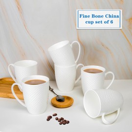 COSTMANCE 12 oz Coffee Mugs Set of 6, Fine Bone China Mugs, Upscale White Coffee Mugs, Rhombus Relief Texture Porcelain Coffee Mugs Tea Cup, for Coffee, Tea, Hot Cocoa, Women, Men, Party